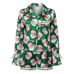 Womens Satin Christmas Pajamas Sets Print Button Up Long Sleeve Lapel V Neck Tops and Shorts Lounge Wear 2 Pieces Suits