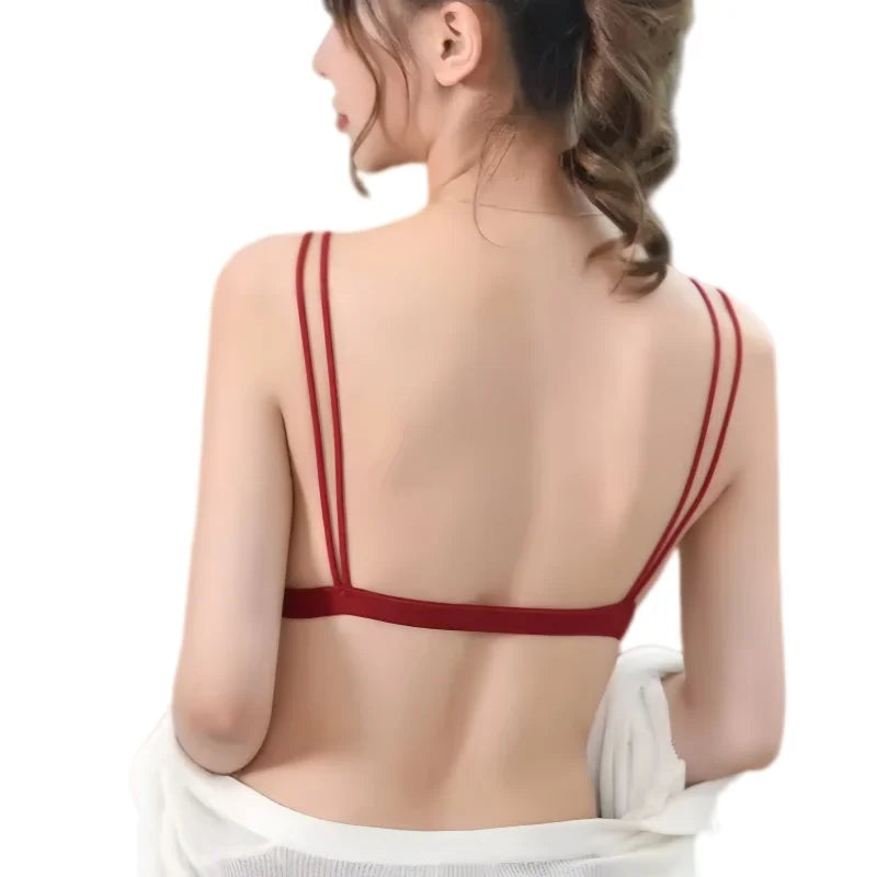 Women Scalloped Lace V Neck Padded Bra Fixed Non Adjustable Double Thin Strap Triangle Hollow Bralette One Size Underwear