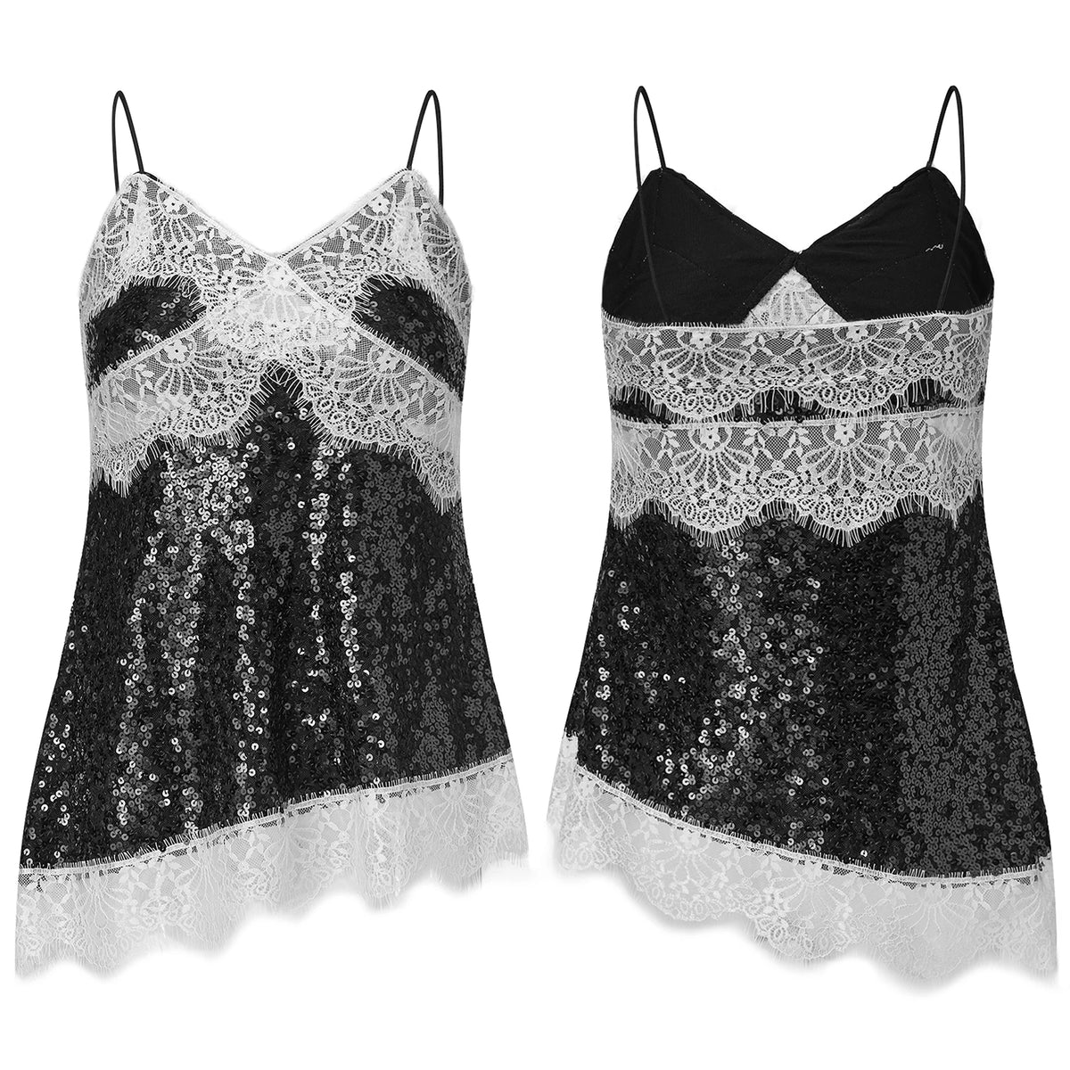Women Sequin Camisole Tops Spaghetti Strap V Neck Lace Trim Loose Fit Tank Tops Summer Daily Casual Elegant Vest Streetwear