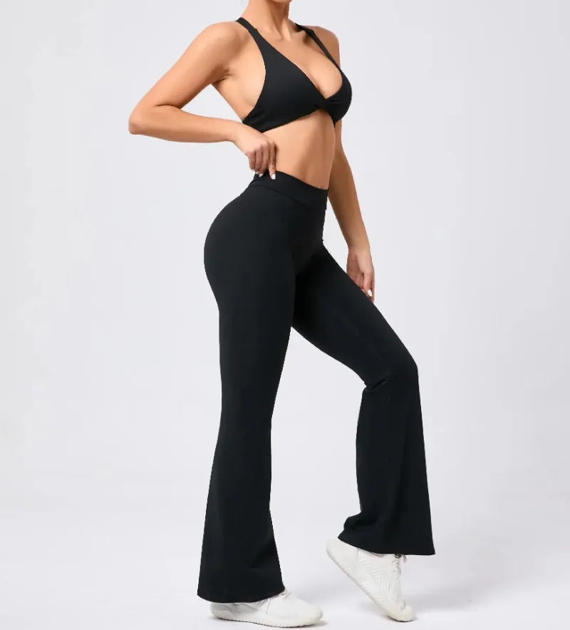 Women's Seamless Yoga Sets Brushed Fabric Flared Hip-Lifting Pants Cross Beauty Back Bra Suits Gym Workout Fitness Training Sets