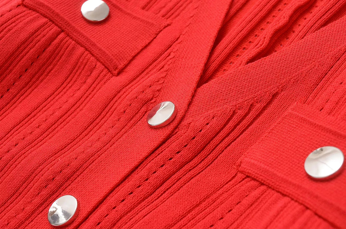 Foridol Red Knitted Polo Dress Autumn Winter Women Dress Casual Elegant Maxi A-line Hollow OutDress Slim Christmas Party