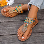 Bohemia Style Flat Heel Sandals for Women Fashion Bead Clip Toe Beach Sandles Woman Plus Size 43 Lightweight Gladiator Sandalias