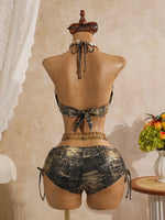 Sexy Hot Stamping Gold Swimwear Women 2026 Collar Split Top Drawstring Side High Waist Bikini Set Summer Bathing Suit Swimsuit