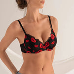 Lips Print Lace Women Bra Underwire No Lining Thin Cup Sexy Bra Cutout Breathable Back Daily Lingerie Top