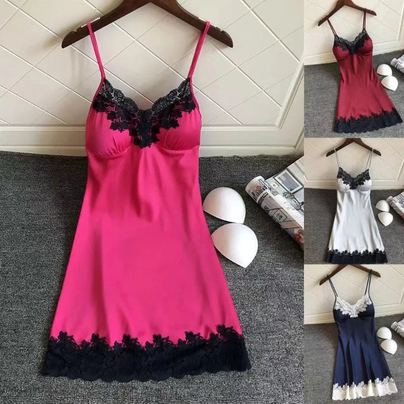 Sexy WomenSilk Robe Dress Nightdress Soft Lace Casual Nightgown Straps Sleepwear Nightdres