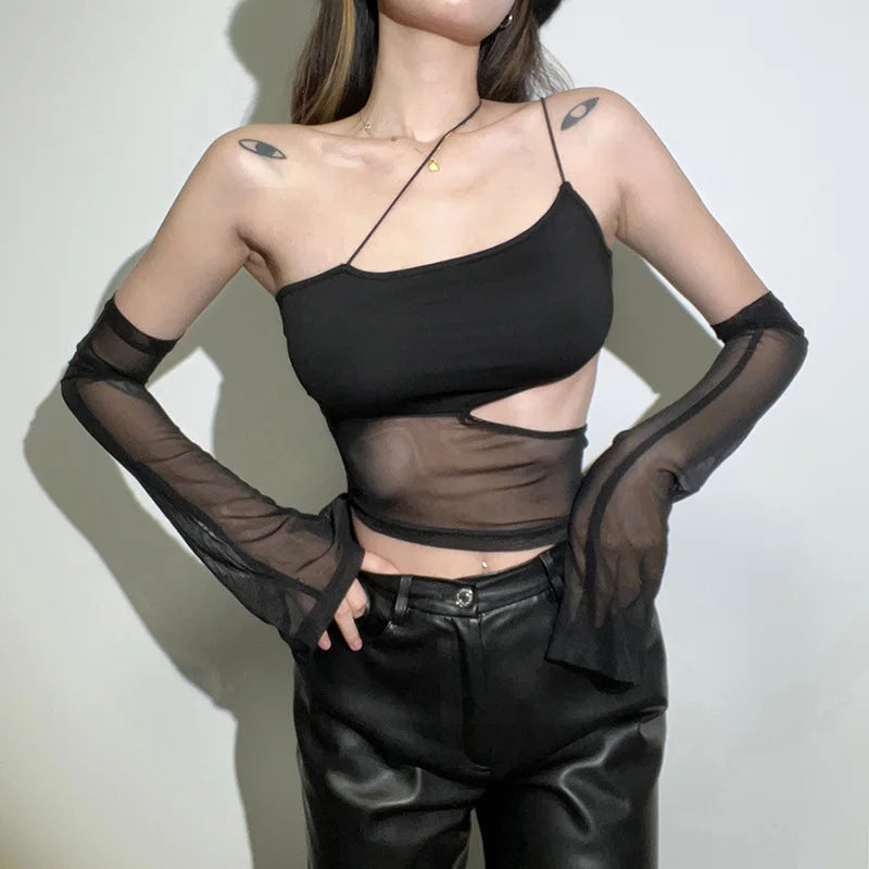 Asymmetrical Cut Out Mesh Crop Top with Sleeves Fairy GrungeClothes Transparent Camisole Tank Tops