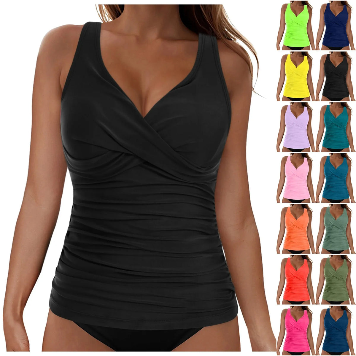 Women's Removable Padded Tankini Top V Neck Waist Defining Ruffled Separate Swimsuit Top Ruched Support Bathing Suit Swim Top