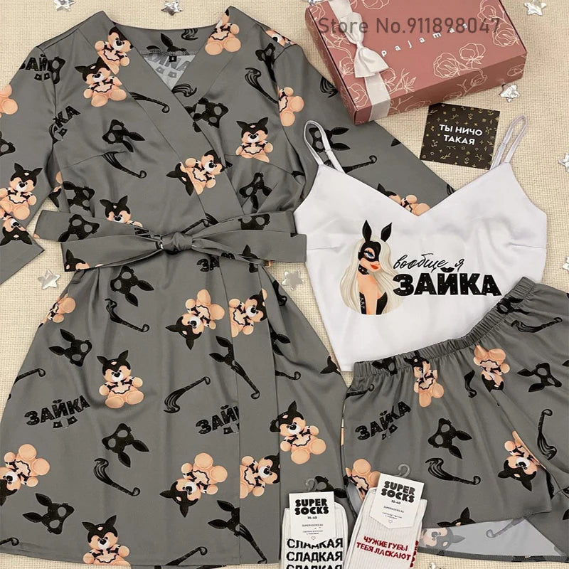 Women's Summer Sexy Pajama Shorts Set 3 Pieces Lace Satin With Silk Sleepwear Robe Fashion And Comfortable Print Nightwear