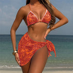 With Sarong Printed Halter Bikini Women Swimwear Female Swimsuit Three-pieces Bikini set Padded Bather Bathing Suit Swim V6966