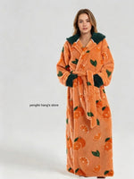 Winter Hooded Flannel Bath RobeCouples Loose Fit Animal Fruit Multi Print Long Loungewear Robe with Belt Double Side Pockets