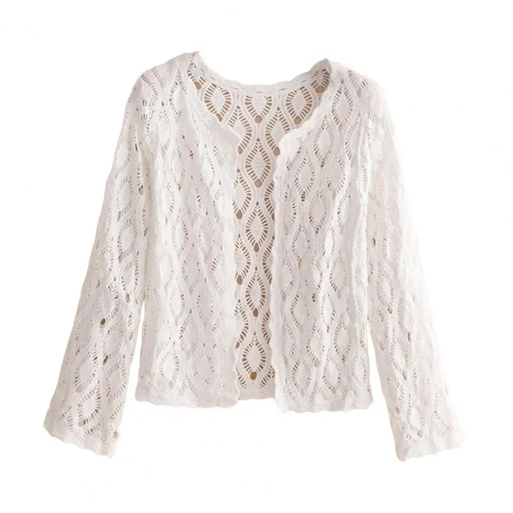 3/4 Sleeve Hollow Out Open Front Sheer Sweater Crochet Cardigan for Women Lightweight Boho Summer Beach Knit Shrug