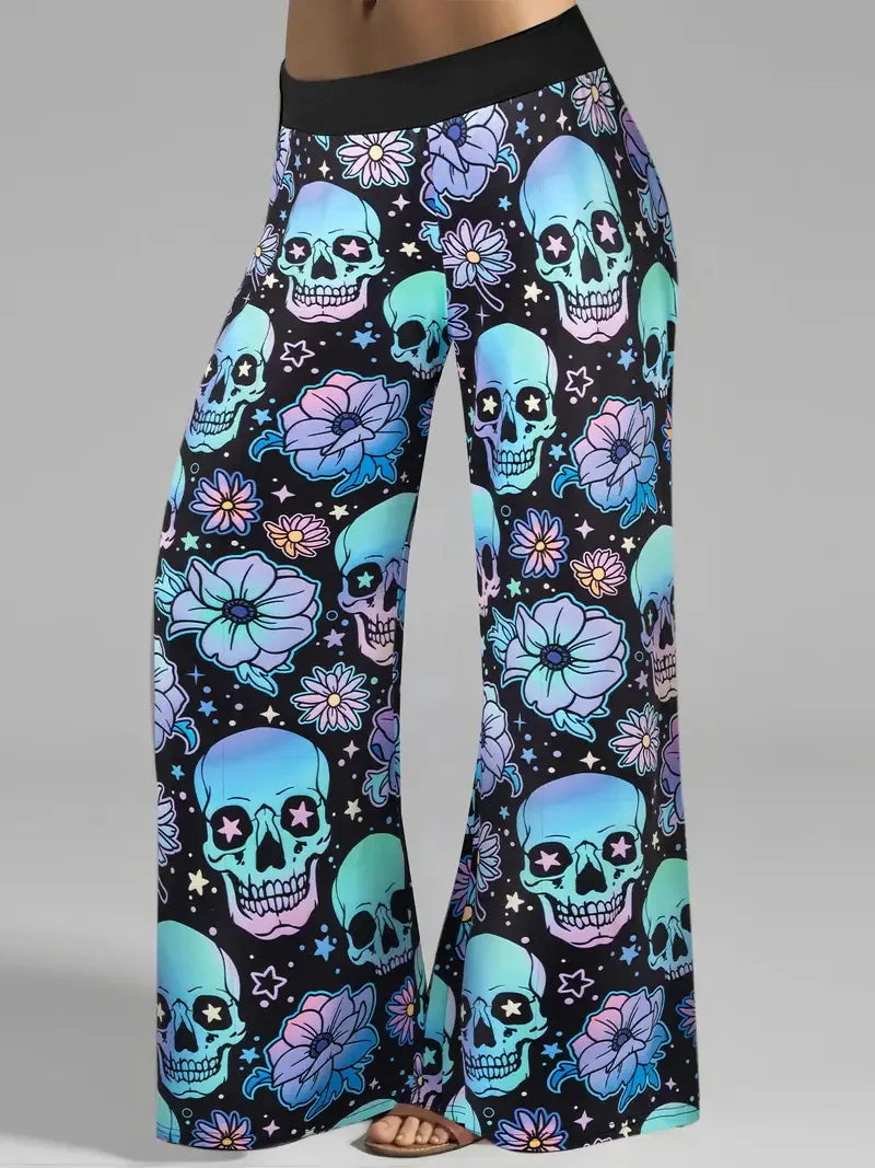 Hallowmas Skull Flower Print Pants Woman 2025 Plus Size Elastic Waist Wide Leg Pant Casual Large Full-length Trousers