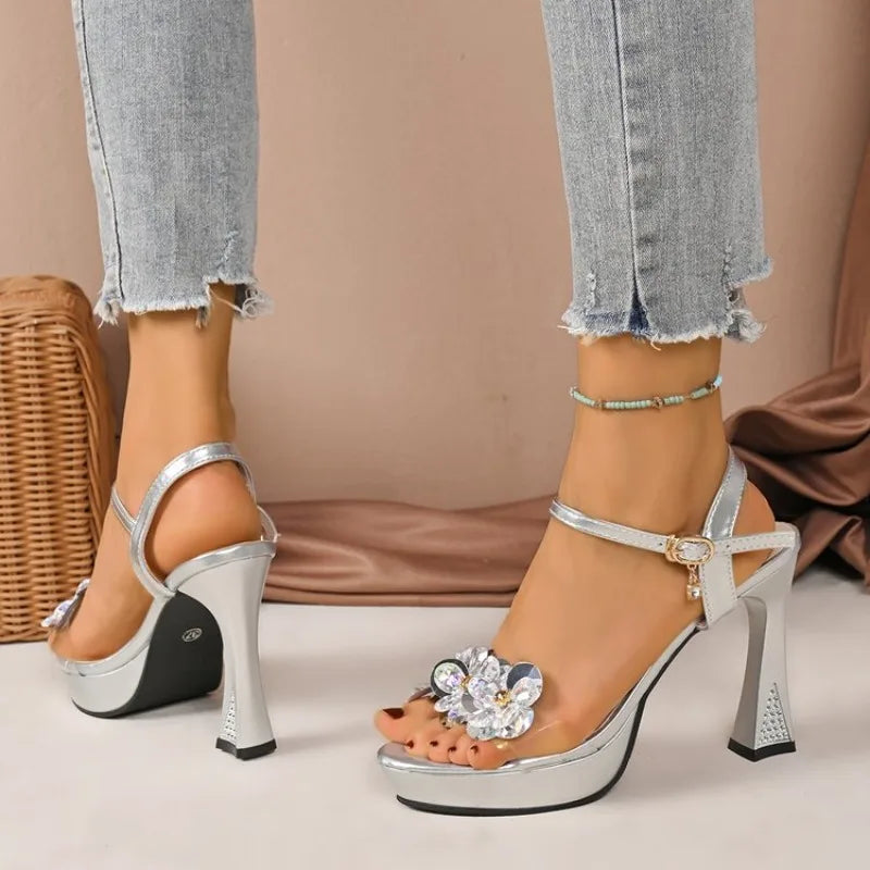 Small Straight Strap Sandals Women's Summer New Flower Platform Not Tired Feet Block Heel High Heels