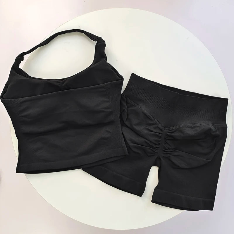 2 Pieces Sports Set Women Backless Halter Tops High Waist Seamless Hight Stretch Shorts Gym Suit Sportswear Workout Sets