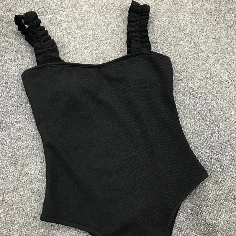 Sexy White Frill Trim Ruffled Ribbed Female Swimwear One Piece Swimsuit Women Monokini High Cut Bather Bathing Suit Swim Lady