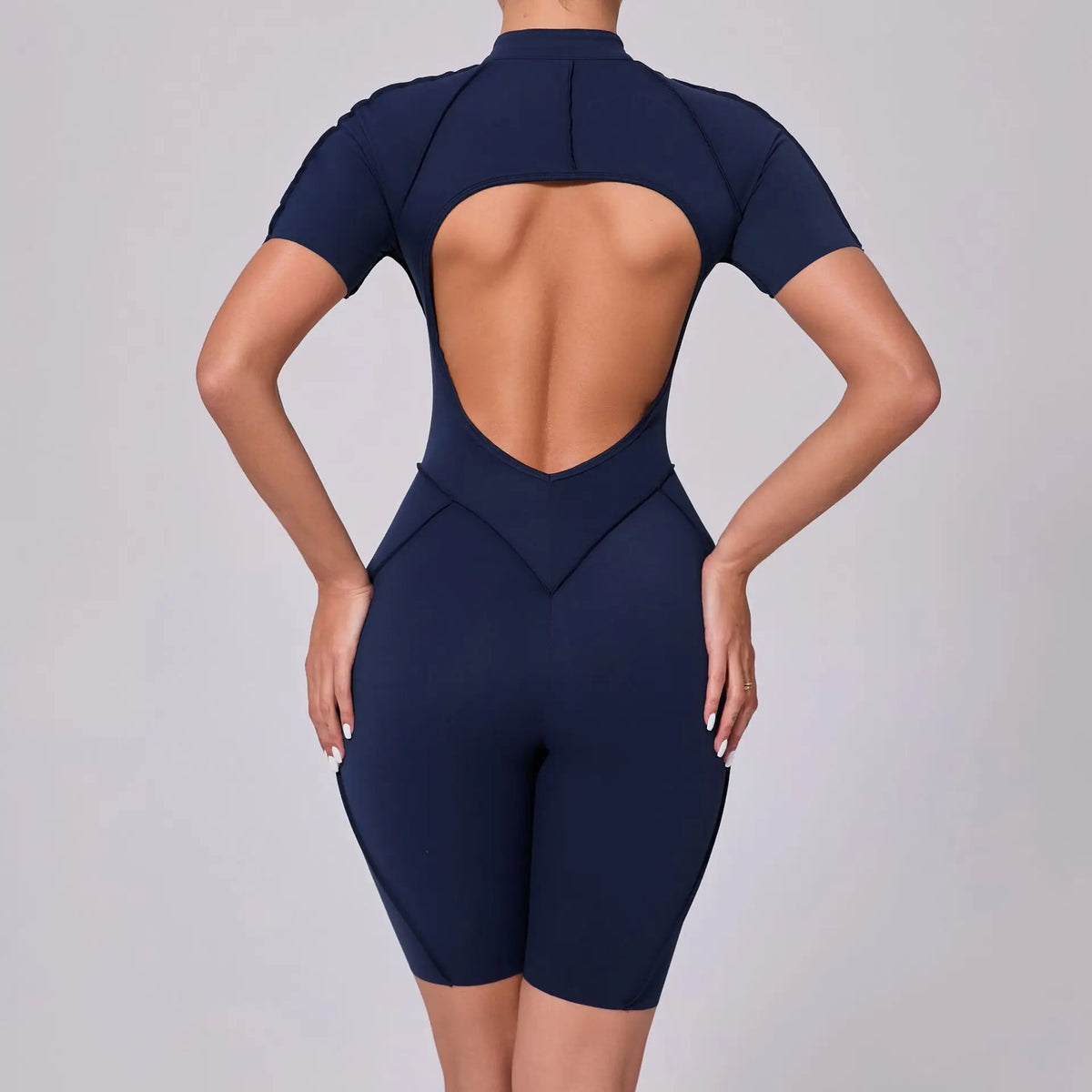 Summer Zipper Short Sleeve Yoga Jumpsuit Women Outerwear Sports Fitness Hip-lifting Backless One-piece Workout Gym Tracksutis
