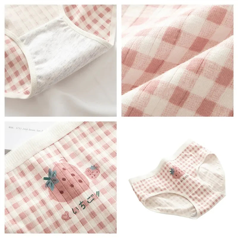 1 Pack Cute Bear & Strawberry Print Cotton Mid-Rise Panties Women's Comfort Underwear M-XL Grid & Striped Print Lingerie