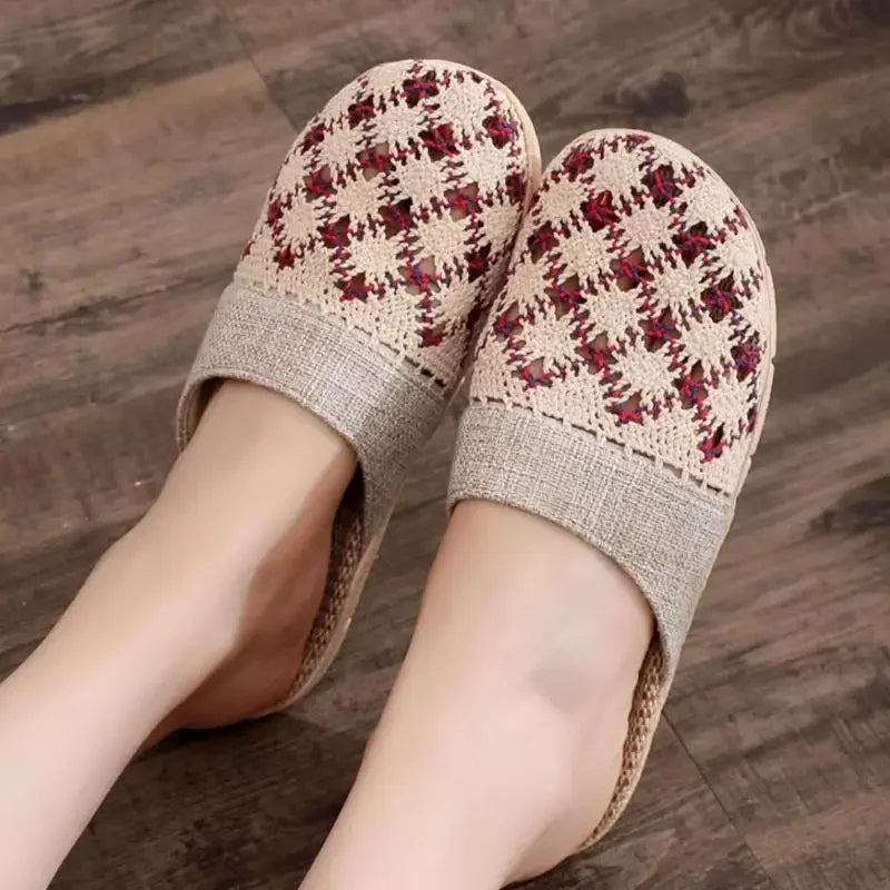 Women Indoor Linen Slippers 2025 Spring Summer Shoes Anti-slip Light Weight Breathable Lace Couples Home Floor Slides