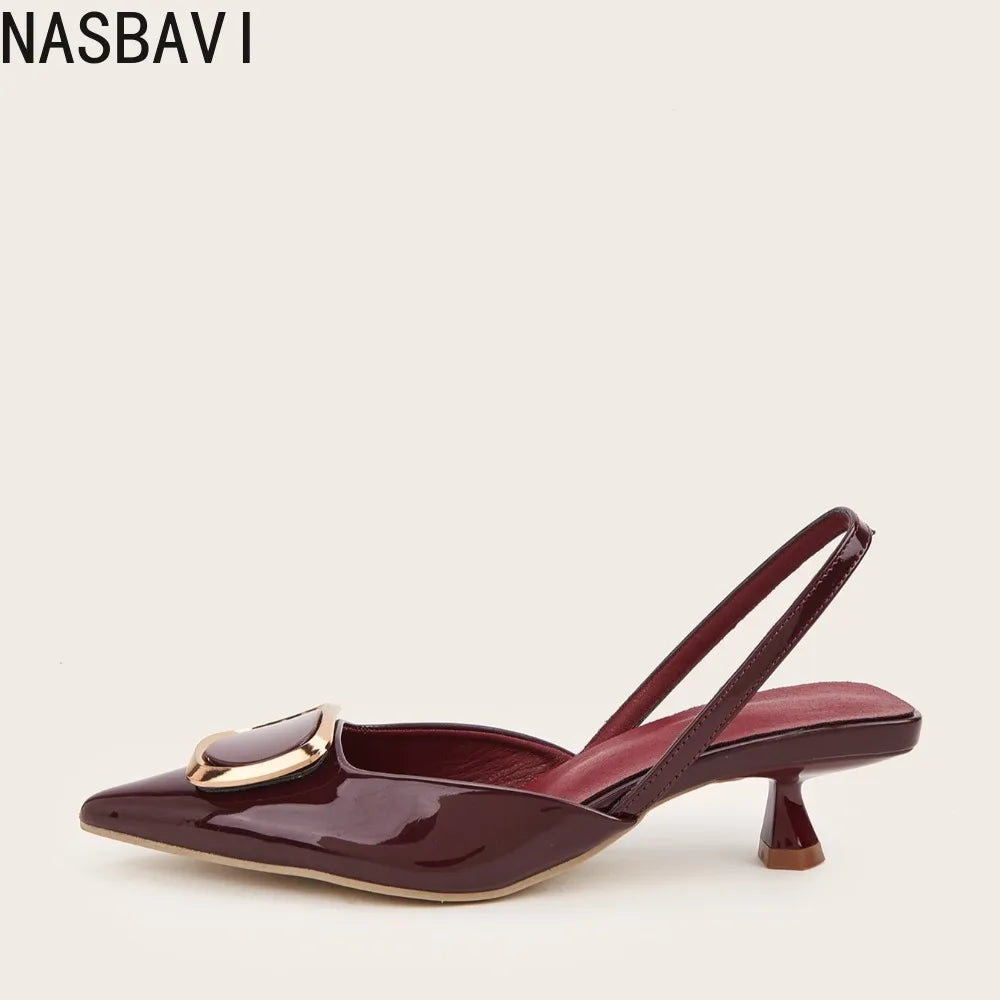 Large Size 35-43 Pointy Toe Burgundy Kitten Heels Slingback Women Summer Pumps Elegant Square Buckle Sandal OL Office Lady Shoes
