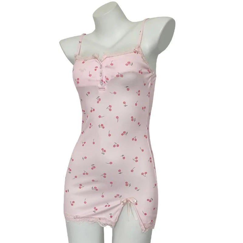Floral Print Balck Nightdress Women's Cute Fitted Mini Nightgown Lace Trim Detail Spaghetti Straps Summer Pajamas Sleepwear