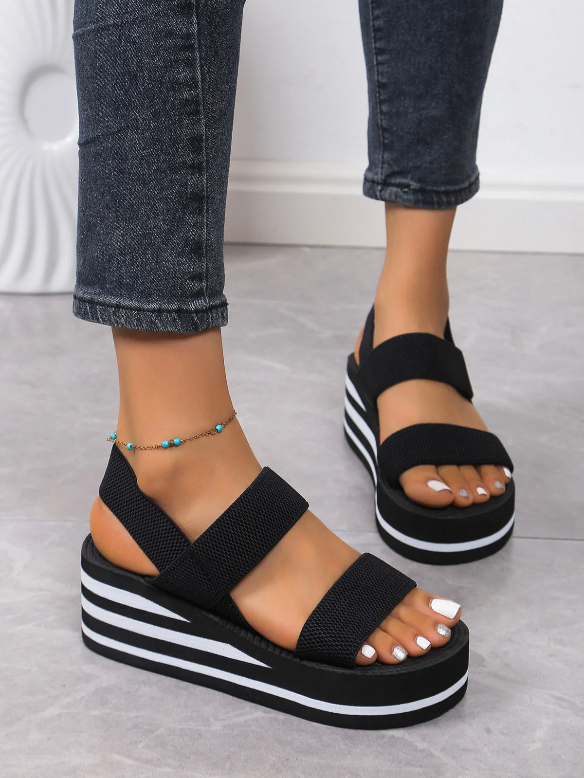 New Minimalist Slingback Wedge Sandals Summer Light Weight Shoes Striped Color Sole Thick Bottom Ladies Leisure Sandalias