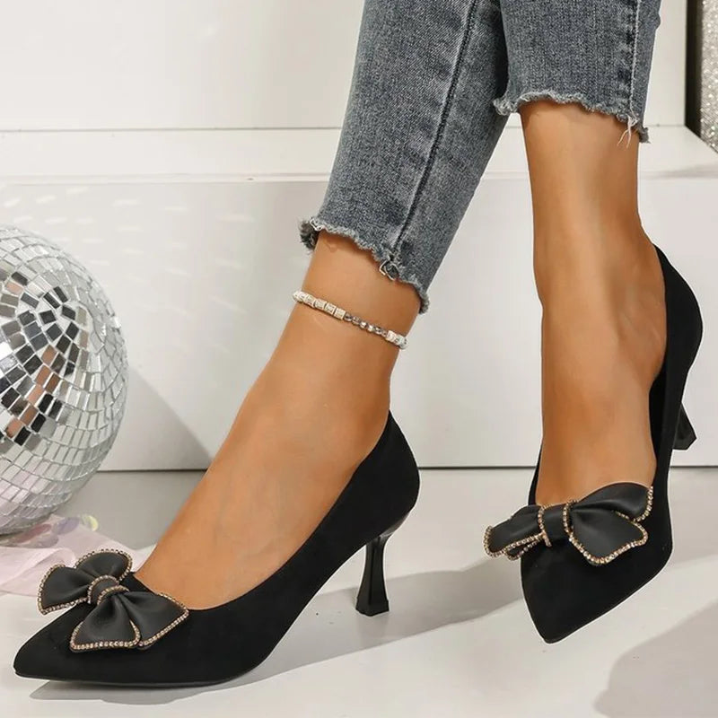 Elegant Crystal Bowknot Pumps Women 2025 Soft Faux Suede Heel Pumps Woman Fashion Pointed Toe Party High Heels Shoes Female