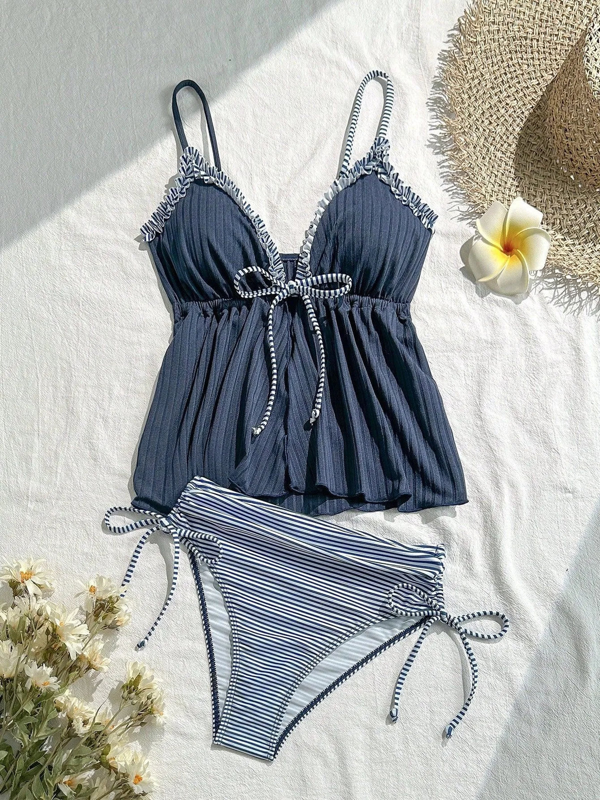 New 2026 Fashion Swimsuit Women Frill Trim Tankini Strappy Vest with Bow Swimwear Ruffles Beachwear Holiday Look Bathing Suits