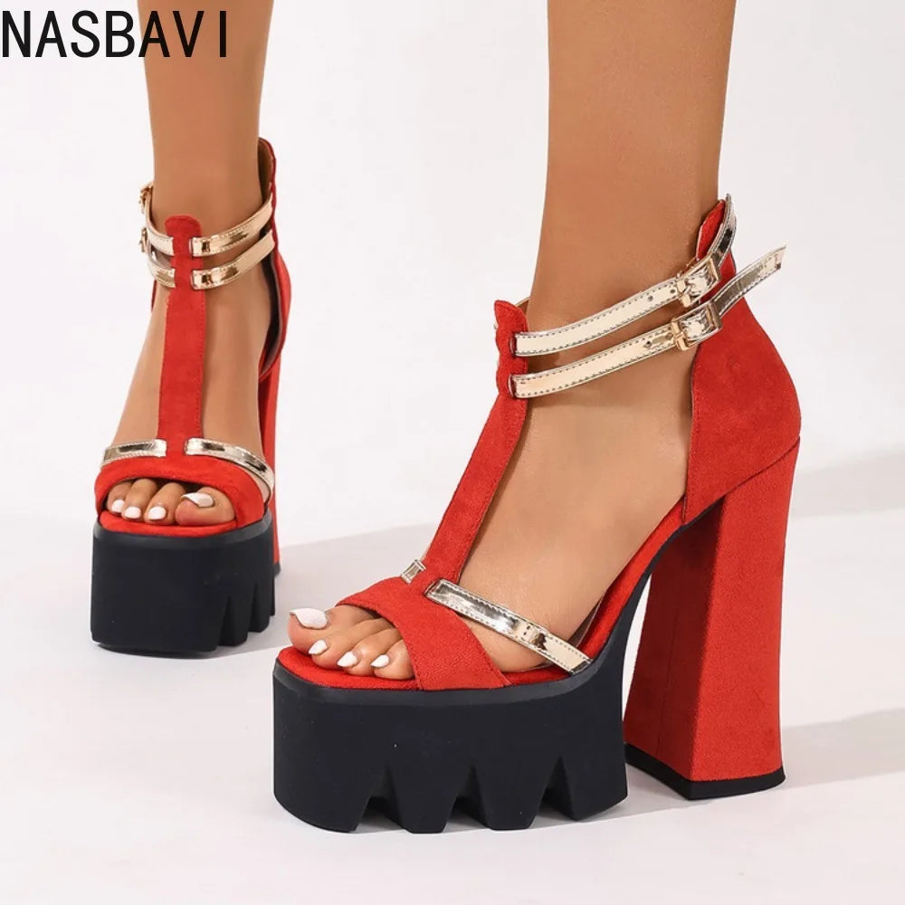 Women's Flock Suede Leather T-Strap Platform Sandals Chunky High Heels Elegant Sandals Sexy Party Shoes Rose red England 34-43