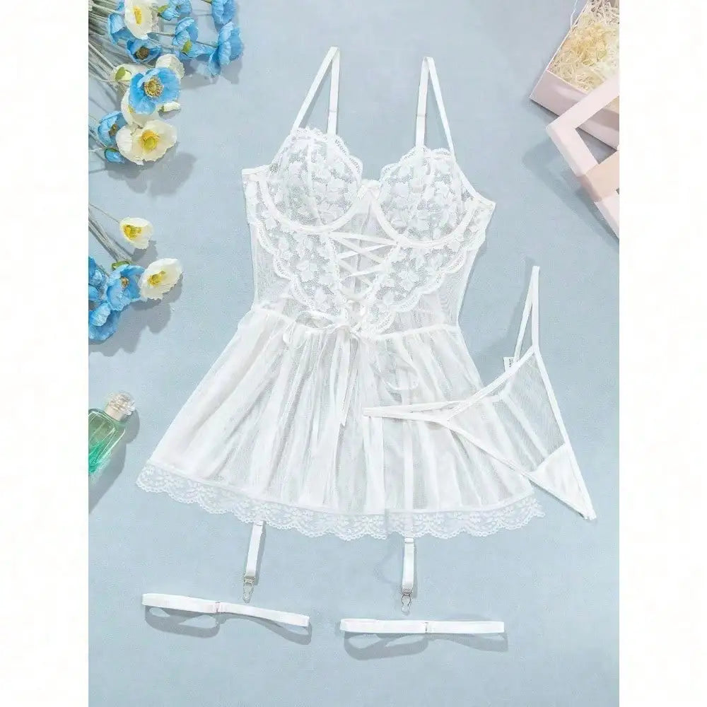 Sexy Garter Belt Mesh Lace Lingerie Dress Set With Thong