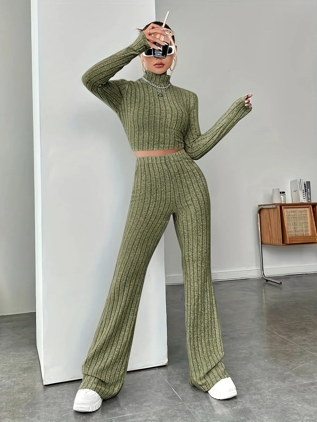 Autumn and Winter Women's New Home Clothes Two Piece Set Sports Long Sleeve Retro Slim fit Bellbottom Pants Set Y2K Sleepwear