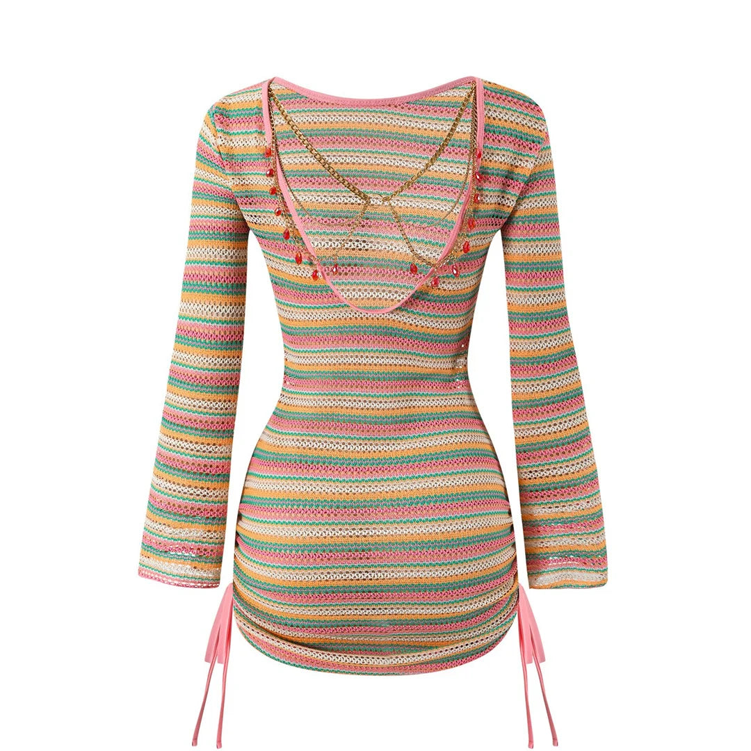 S - XL Striped Long Sleeve Cover Up Bikini Female Swimsuit Women Swimwear Bather Bathing Suit Swim Three-pieces Bikini set K8128