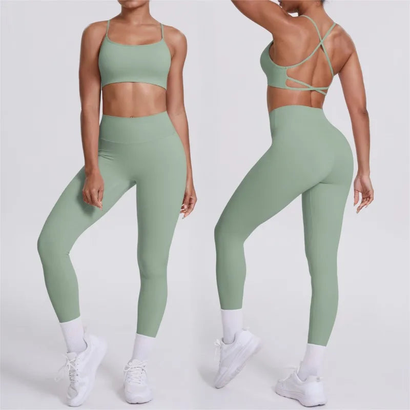 Women's Seamless Yoga Set Cross Back Sports Bra & High Waist Booty Lifting Yoga Leggings Gym Running Fitness Workout Outfit