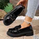 Women Patent Leather Platform Loafer Shoes Metal Buckle Decor Slip On Chunky Lug Sole Retro Preppy Casual Dress Shoes