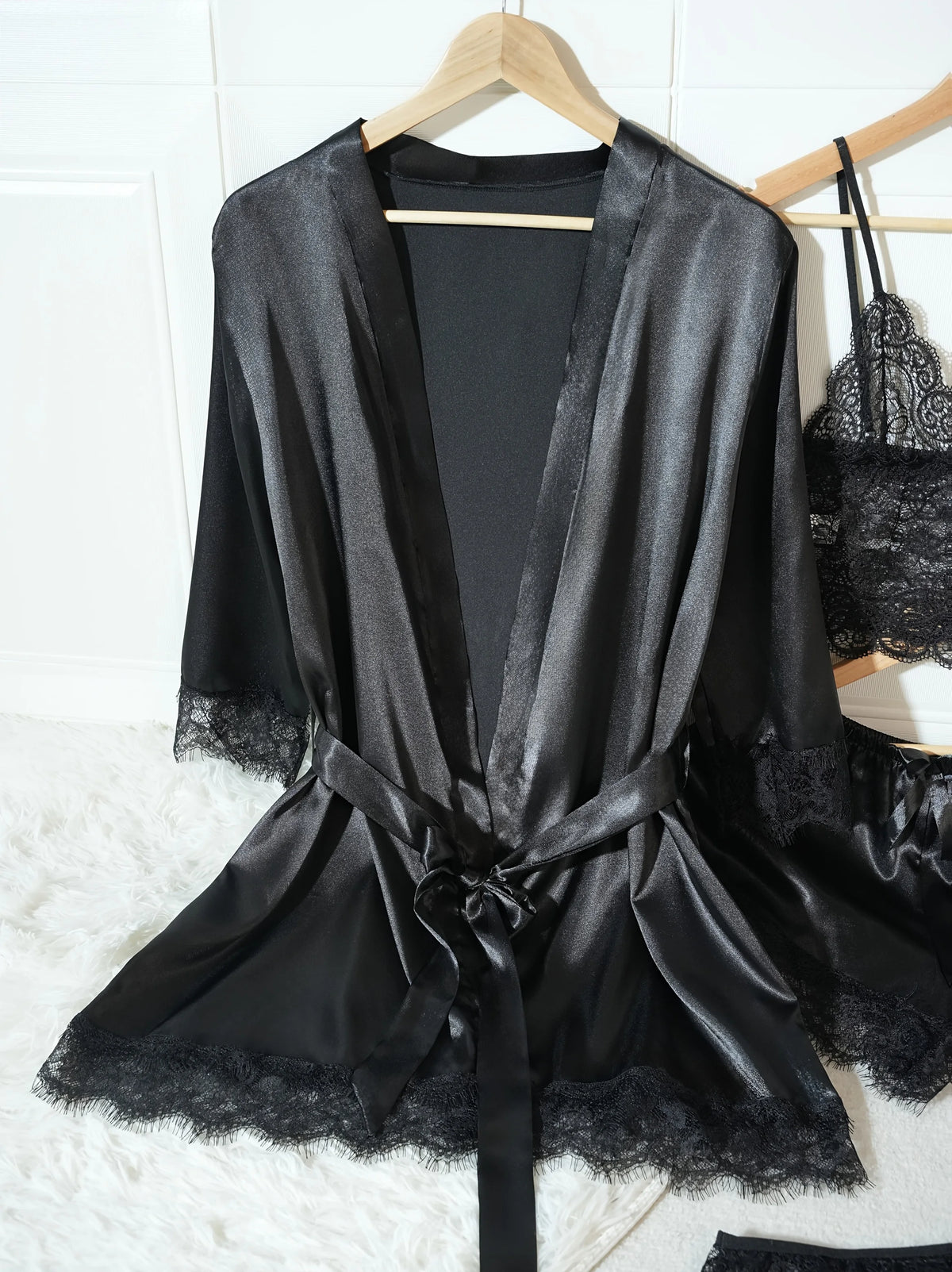 4Pcs Women Satin Pajama Set Robe Lace Lingerie Sexy Silk Nightwear Sleepwear Soft Satin Nightgown Pyjamas Nightdress Nighty Robe