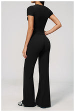 Creamy 2 Pieces Workout Suit Women Yoga Outfits Short Sleeve O Neck Slim Sports T Shirts High Waist Flare Pants Gym Fitness Sets