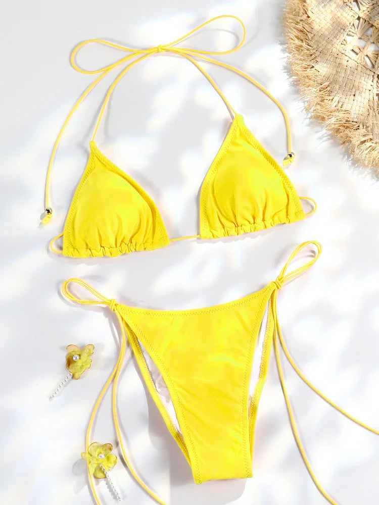 Sexy Triangle Mini Bikini Sets Micro Thongs Swimsuit Women Bathing Suit Biquini Bandage Beachwear Print Swimwear Thong Bikini