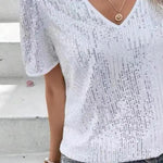 Shiny Sequins Tee Shirt Women T-shirt V-Neck Short Sleeve Loose Fit Summer Sexy Tops Holidays Parties Wear