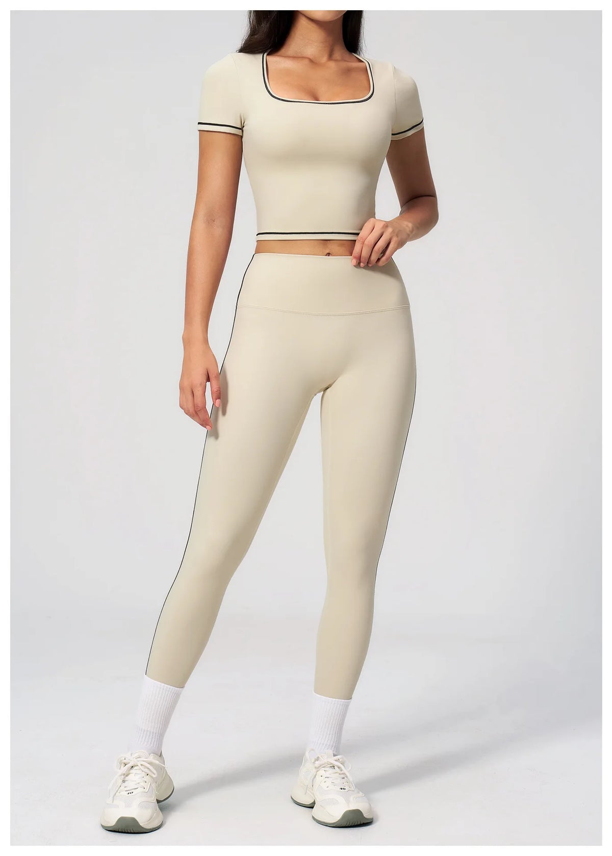 2PC Color Contrast Yoga Suit Women Short Sleeve Square Collar Slim Sports Top Fitness Suits Outdoor Exercise Leggings Tracksuit