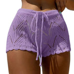 Women Beach Shorts Hollow Out Knitted Lace Drawstring Elastic Waist Soft Breathable Loose High Waist Summer Bikini Shorts