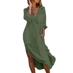 Beach Holiday Dress Women Summer Shirt Dress Lapel V-neck Solid Color Pockets Design Side Split Loose Fit Thin Midi Dress
