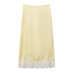 Women Solid Color Satin Long Skirs Elegant Low Waist Lace Patchwork Flowy Summer Skirt for Casual