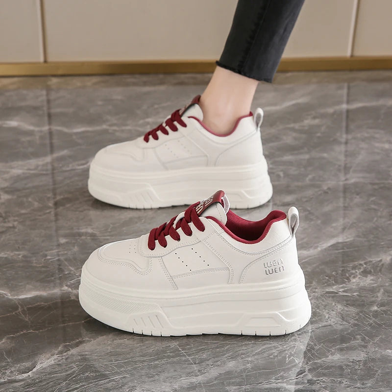 Pu Leather Thick Bottom Sneakers Women 2025 Breathable Platform Vulcanised Shoes Woman Womens All Match Lace Up Casual Sneakers