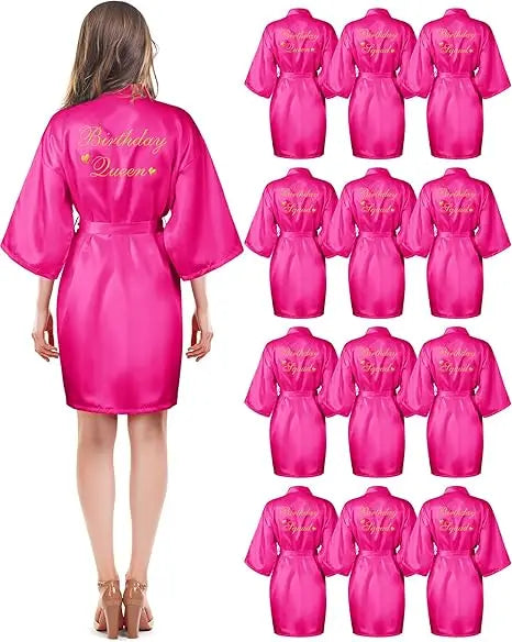 12 Pcs Women's Birthday Party Robes Gold Glitter Queen Squad Kimono Silky Nightgown Satin Bathrobes Dressing Gown