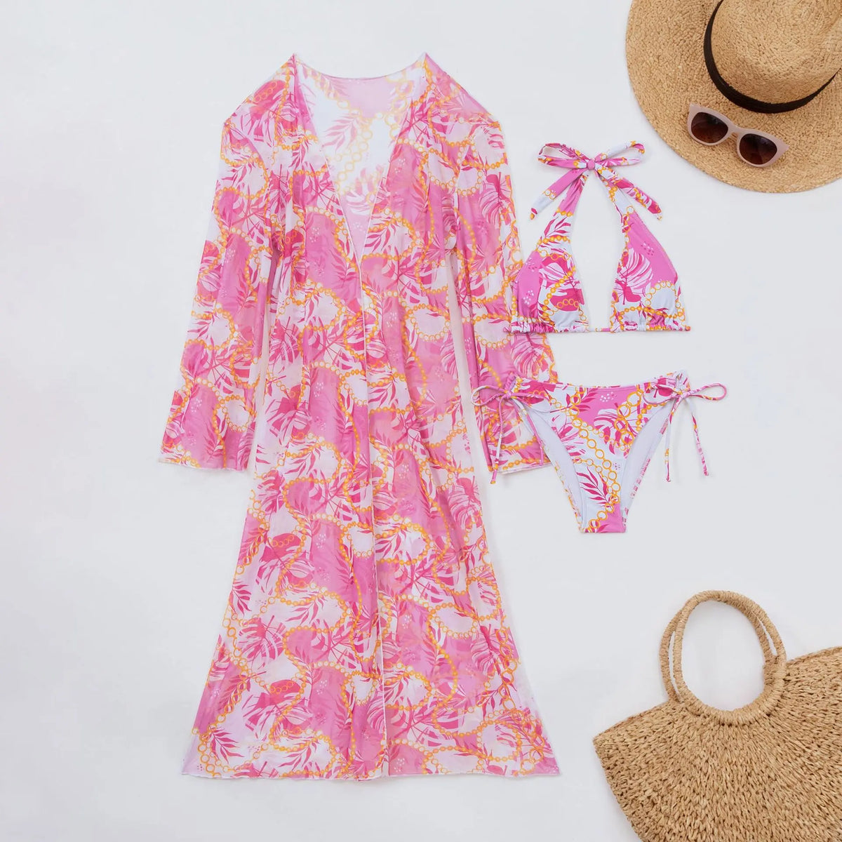 Boho Style Women's 3 Pcs Suit Swimwear Sexy Halter Lace-up Backless Bikini Set Cover-Up Beachwear Low Waist Push Up Bathing Suit