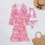 Boho Style Women's 3 Pcs Suit Swimwear Sexy Halter Lace-up Backless Bikini Set Cover-Up Beachwear Low Waist Push Up Bathing Suit