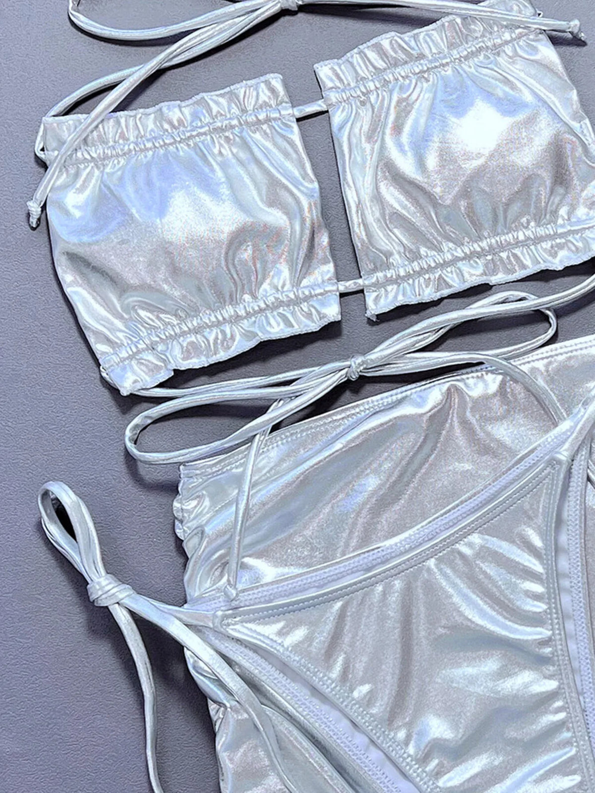 Silvery Shiny 3 Piece Swimsuit for Women,2026 New High Waist Skirt Bikini,sexy Strapless Hollow Out Backless Ruffle Bathing Suit