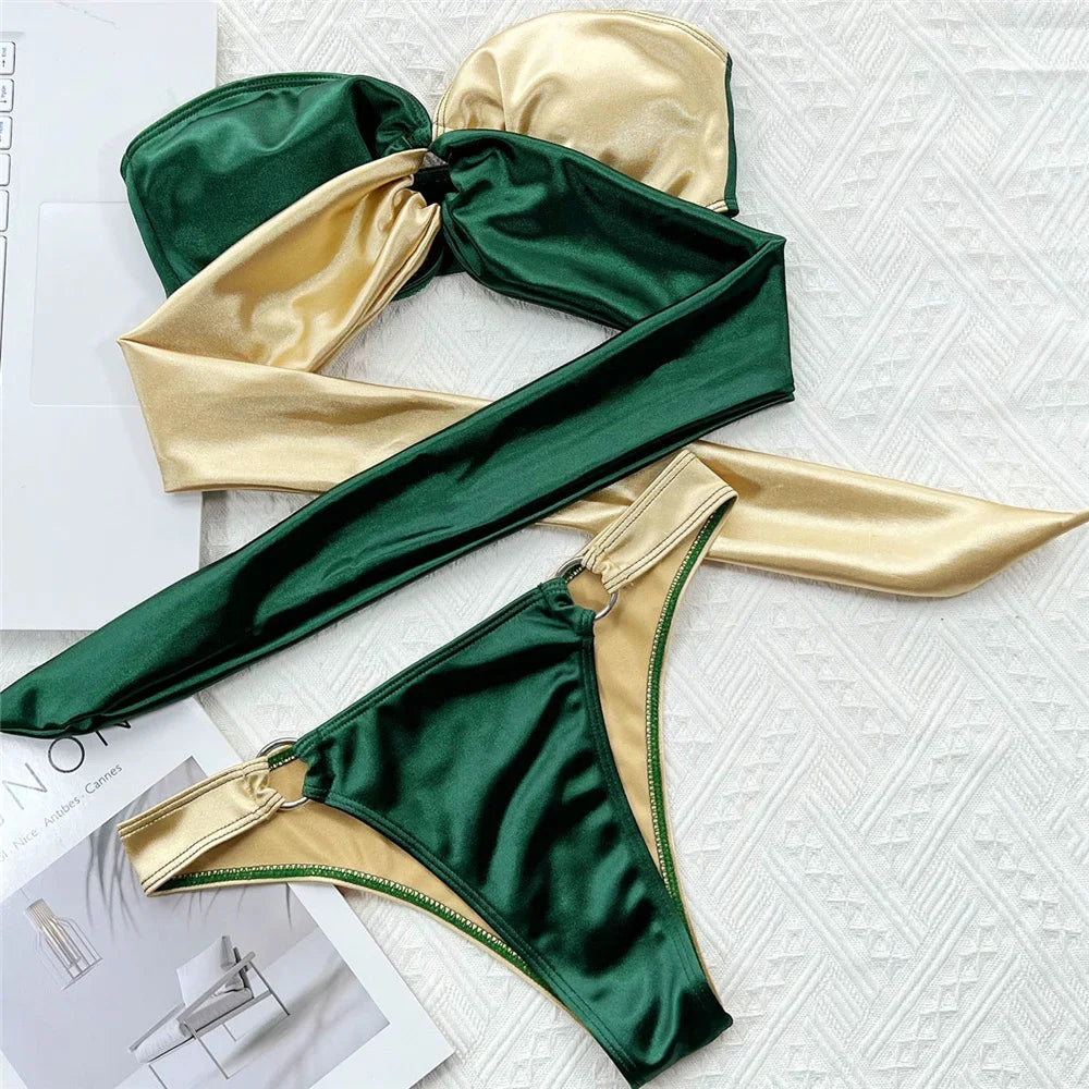 Splicing Strapless Bandeau Bikinis Sets 2026 Mujer Swimsuit Women Swimwear Back Bow Bathing Suit Biquinis Swim Wear Beachwear