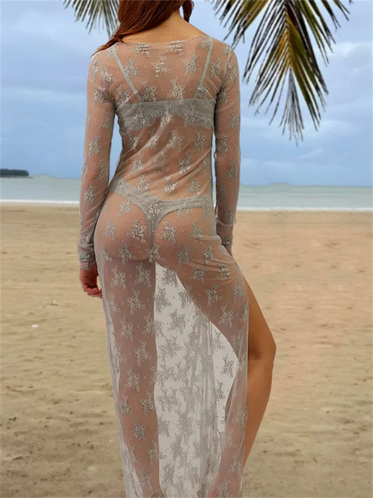 Women See Through Lace Dress Long Sleeve High Slit Dress Summer Sexy Club Beach Dress Swimwear Cover-ups