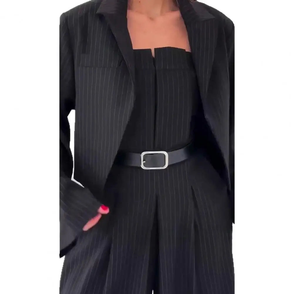 Women's Business Outfit Cropped Blazer Strapless Tube Top Jumpsuits 2 Piece Suit Set Belted Wide Leg Romper Office Work Clothes