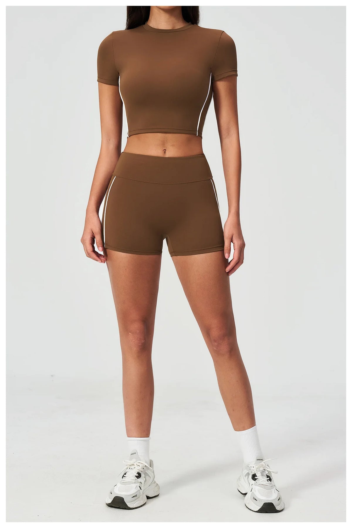 Color Contrast Yoga Suit Women Short Sleeve O Neck Sports T Shirts Tracksuit Outwear High Waist Shorts Gym Running Fitness Suits